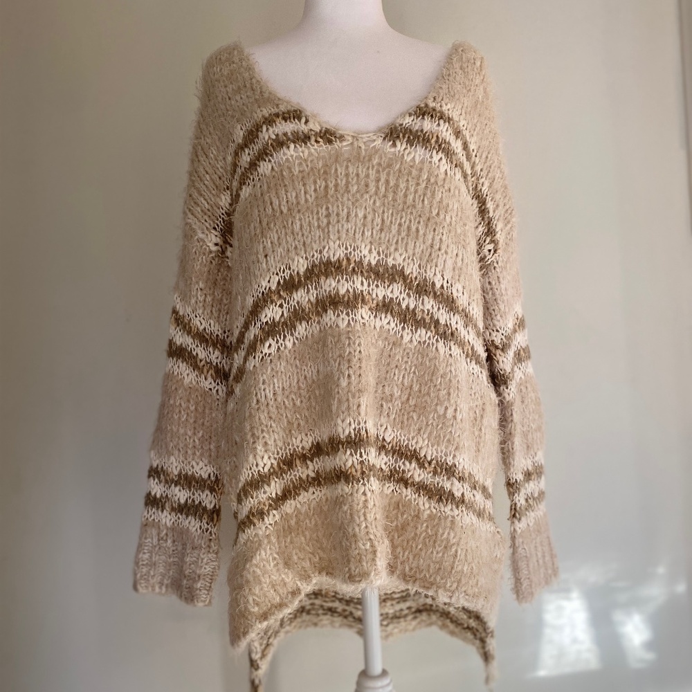 FREE PEOPLE Women’s Textured Pullover Sweater | Size L | Cream + Neutral Detail
